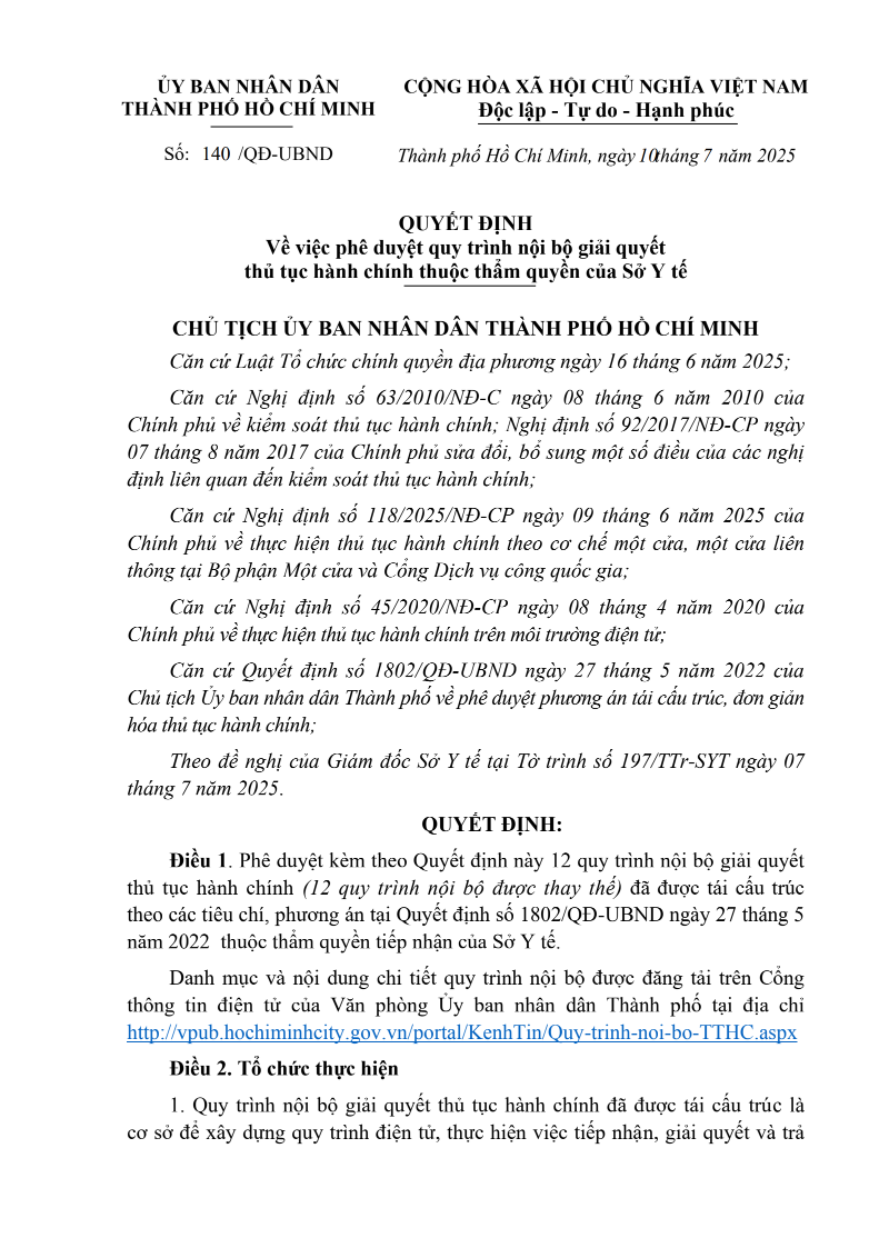 Quyết định 140/QĐ-UBND Về việc phê duyệt quy trình nội bộ giải quyết thủ tục hành chính thuộc thẩm quyền của Sở Y tế