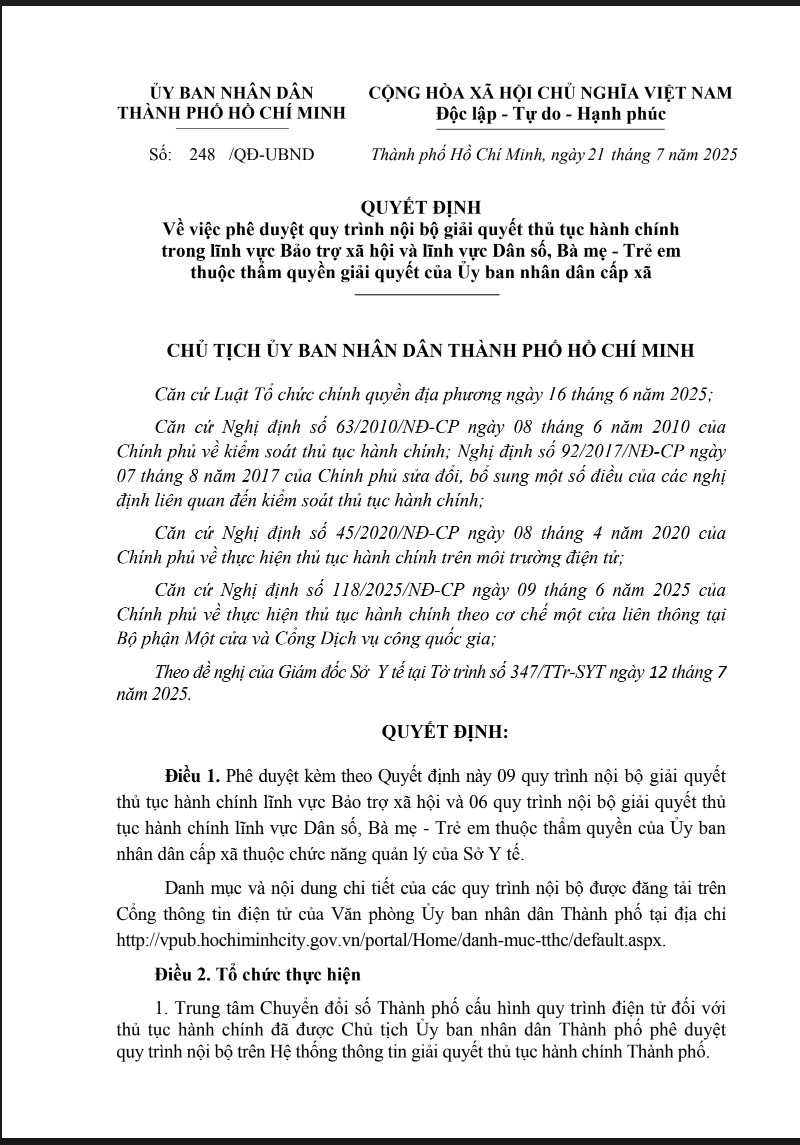 Quyết định 248/QĐ-UBND Về việc phê duyệt quy trình nội bộ giải quyết thủ tục hành chính trong lĩnh vực Bảo trợ xã hội và lĩnh vực Dân số, Bà mẹ - Trẻ em thuộc thẩm quyền giải quyết của Ủy ban nhân dân cấp xã
