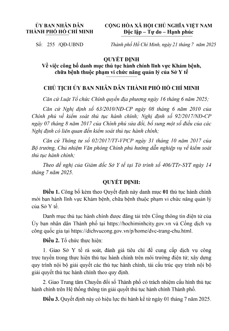 Quyết định 255/QĐ-UBND Về việc công bố danh mục thủ tục hành chính lĩnh vực Khám bệnh, chữa bệnh thuộc phạm vi chức năng quản lý của Sở Y tế
