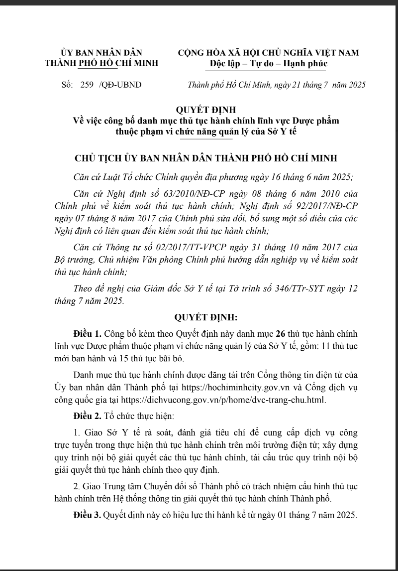 Quyết định 259/QĐ-UBND Về việc công bố danh mục thủ tục hành chính lĩnh vực Dược phẩm  thuộc phạm vi chức năng quản lý của Sở Y tế