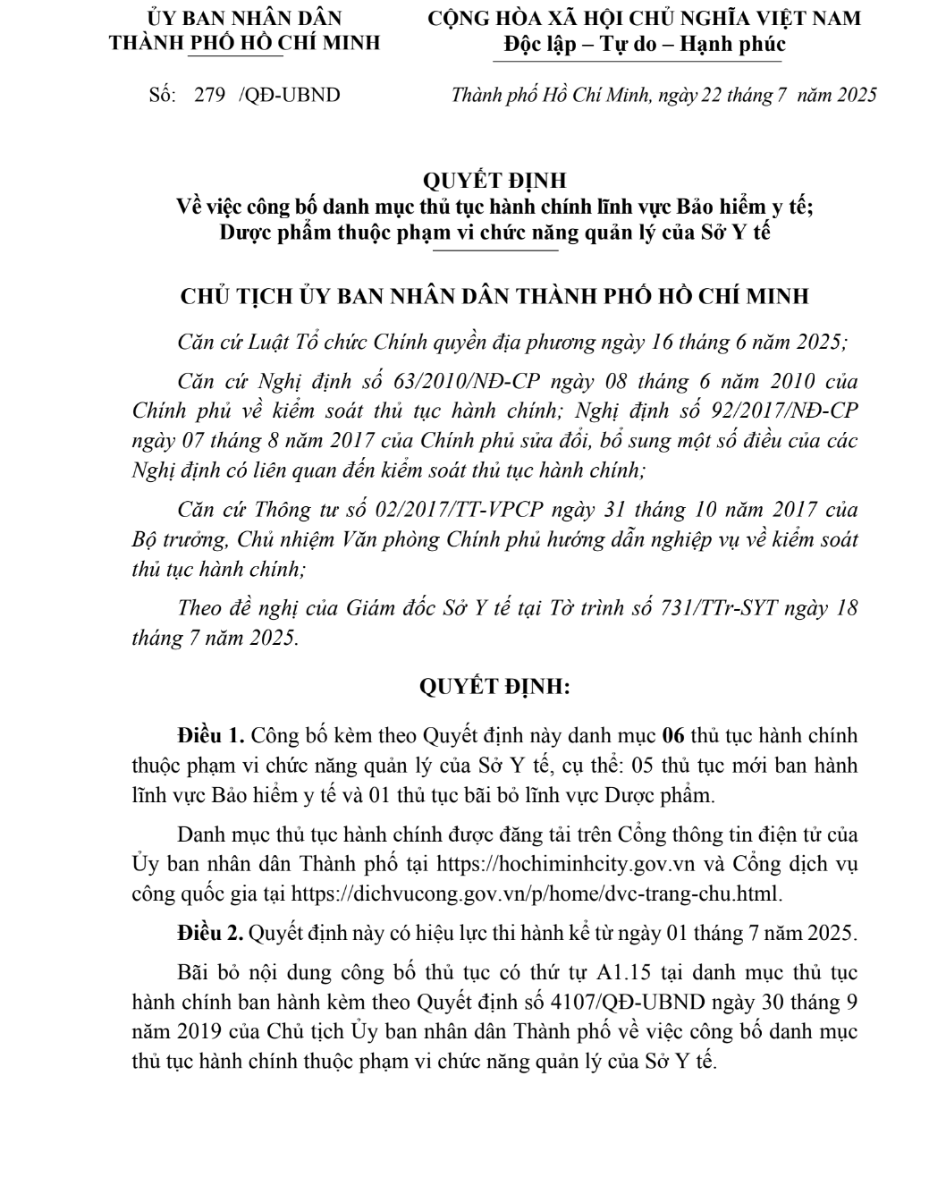 Quyết định 279/QĐ-UBND Về việc công bố danh mục thủ tục hành chính lĩnh vực Bảo hiểm y tế; Dược phẩm thuộc phạm vi chức năng quản lý của Sở Y tế