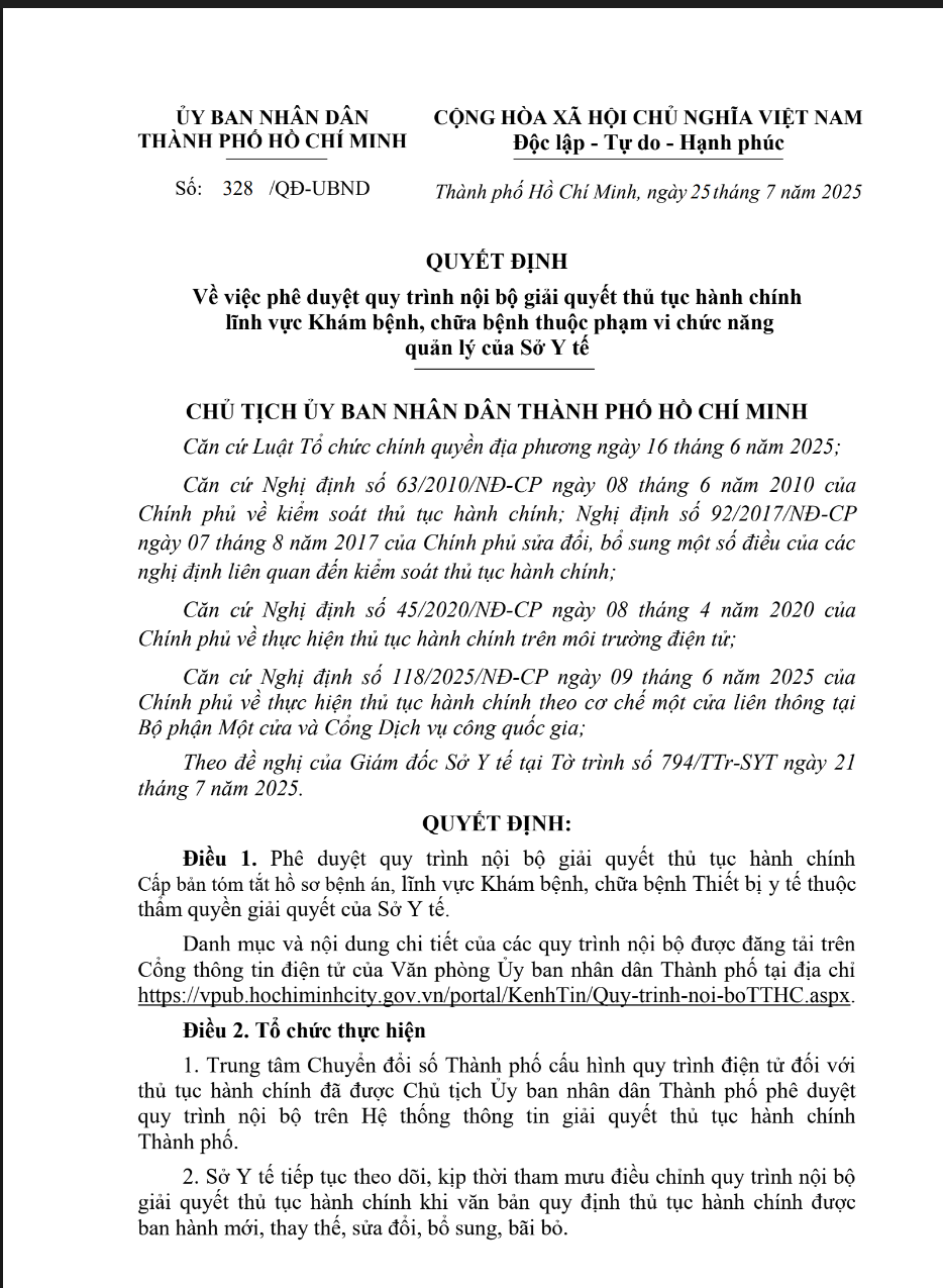 Quyết định 328/QD8-UBND Về việc phê duyệt quy trình nội bộ giải quyết thủ tục hành chính lĩnh vực Khám bệnh, chữa bệnh thuộc phạm vi chức năng  quản lý của Sở Y tế