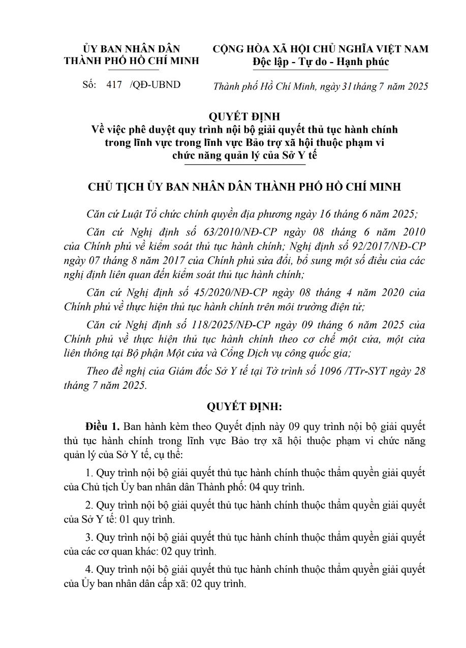 Quyết định 417/QĐ-UBND Về việc phê duyệt quy trình nội bộ giải quyết thủ tục hành chính trong lĩnh vực trong lĩnh vực Bảo trợ xã hội thuộc phạm vi  chức năng quản lý của Sở Y tế
