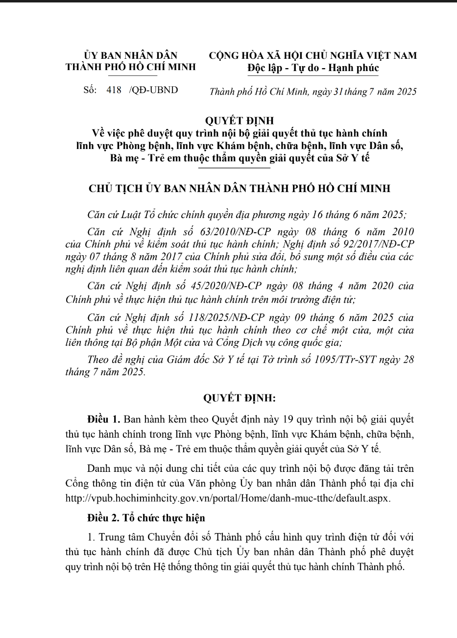Quyết định 418/QĐ-UBND Về việc phê duyệt quy trình nội bộ giải quyết thủ tục hành chính lĩnh vực Phòng bệnh, lĩnh vực Khám bệnh, chữa bệnh, lĩnh vực Dân số, Bà mẹ - Trẻ em thuộc thẩm quyền giải quyết của Sở Y tế