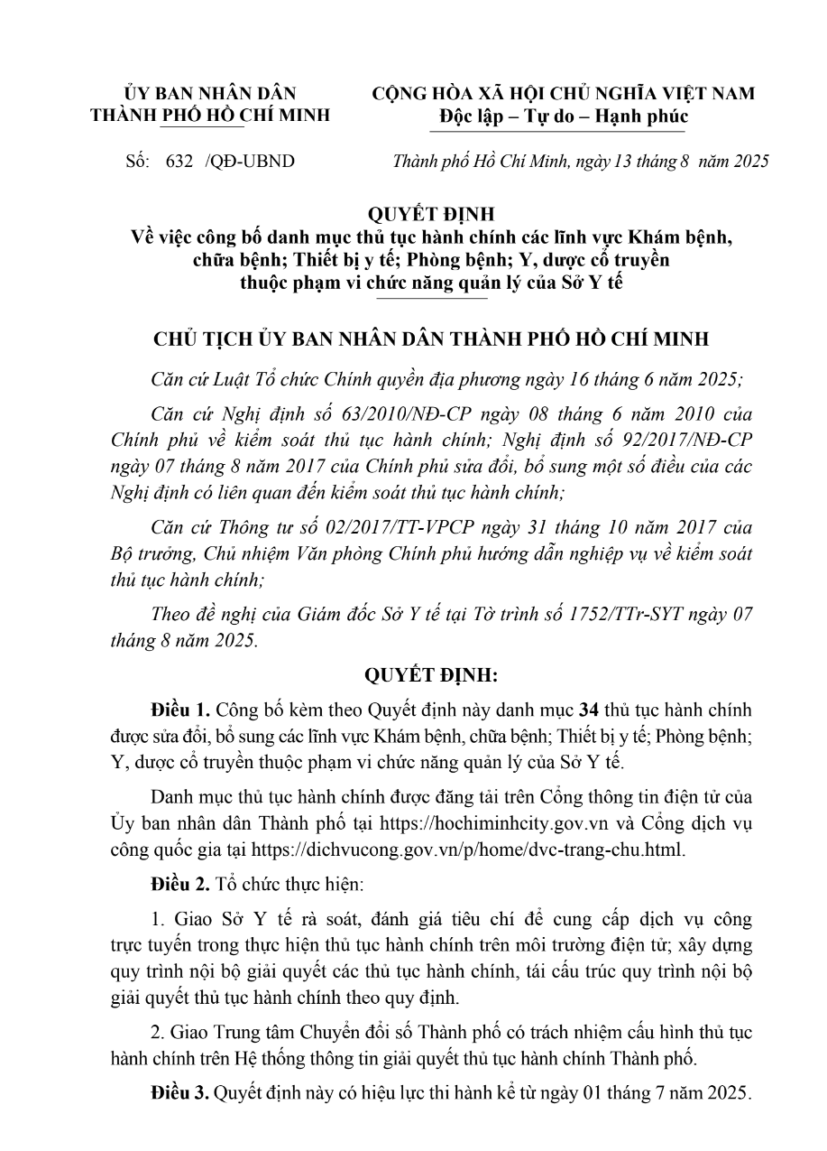 Quyết định 632/QĐ-UBND Về việc công bố danh mục thủ tục hành chính các lĩnh vực Khám bệnh, chữa bệnh; Thiết bị y tế; Phòng bệnh; Y, dược cổ truyền thuộc phạm vi chức năng quản lý của Sở Y tế