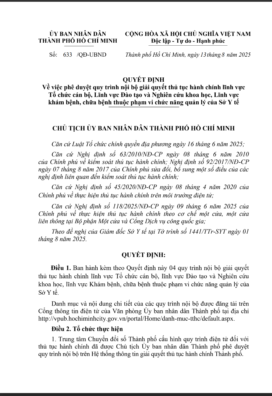 Quyết định 633/QĐ-UBND Về việc phê duyệt quy trình nội bộ giải quyết thủ tục hành chính lĩnh vực Tổ chức cán bộ, Lĩnh vực Đào tạo và Nghiên cứu khoa học, Lĩnh vực khám bệnh, chữa bệnh thuộc phạm vi chức năng quản lý của Sở Y tế