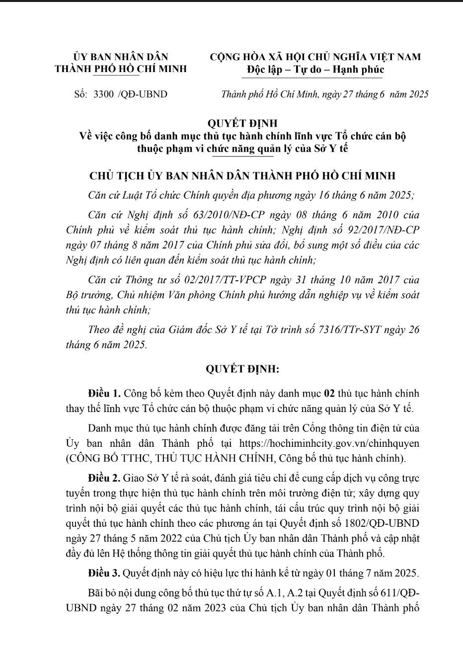 Quyết định 3300/QĐ-UBND Về việc công bố danh mục thủ tục hành chính lĩnh vực Tổ chức cán bộ  thuộc phạm vi chức năng quản lý của Sở Y tế