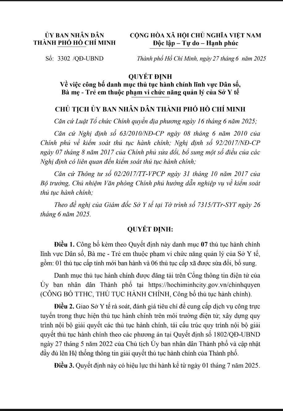 Quyết định 3302/QĐ-UBND Về việc công bố danh mục thủ tục hành chính lĩnh vực Dân số, Bà mẹ - Trẻ em thuộc phạm vi chức năng quản lý của Sở Y tế