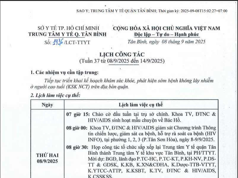Lịch công tác tuần 37 (từ 08/9/2025 đến 14/9/2025)