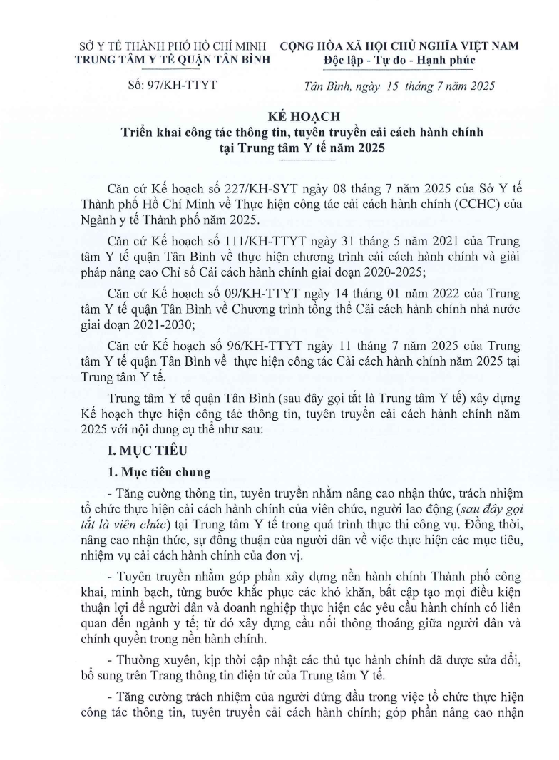 Kế hoạch 97/KH-TTYT về triển khai công tác thông tin, tuyên truyền cải cách hành chính  tại Trung tâm Y tế năm 2025