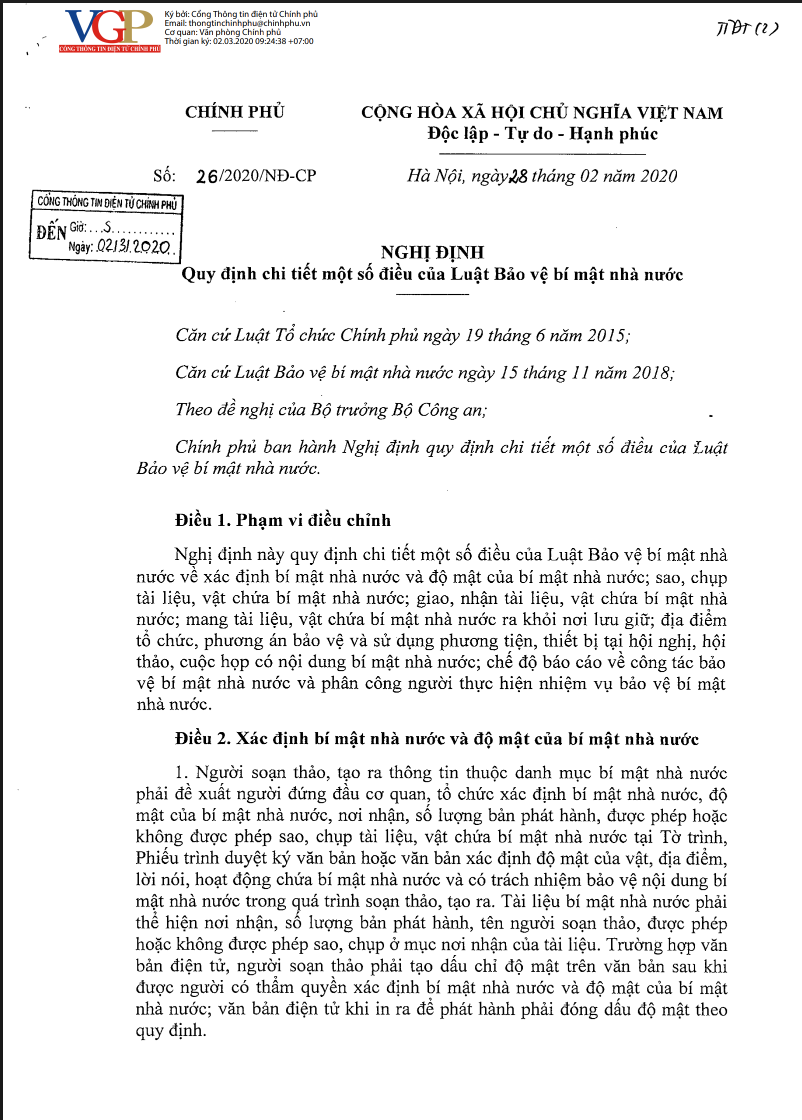 Nghị định 26/2020/NĐ-CP Quy định chi tiết một số điều của Luật bảo vệ bí mật nhà nước