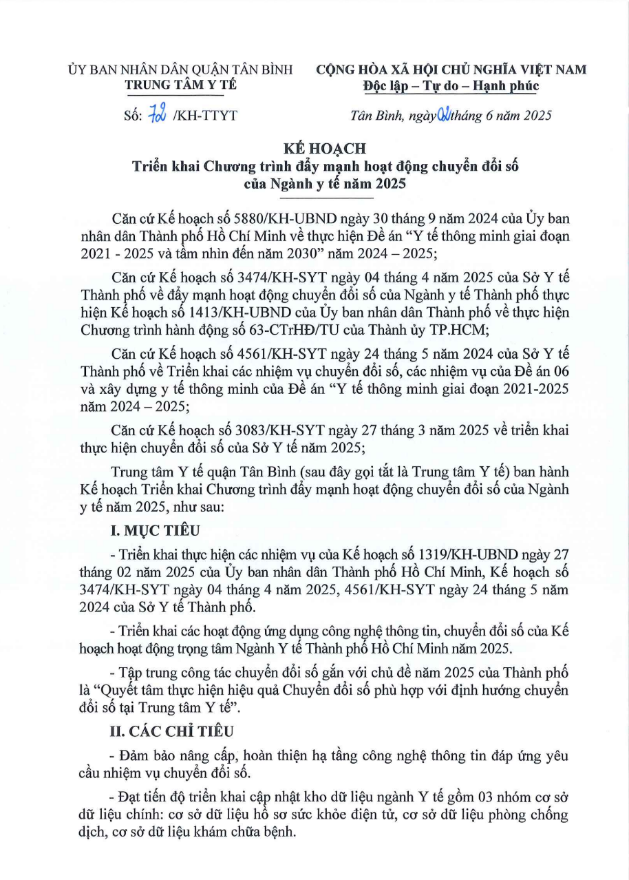 Kế hoạch Triển khai Chương trình đẩy mạnh hoạt động chuyển đổi số của Ngành y tế năm 2025 của Trung tâm Y Tế quận Tân Bình