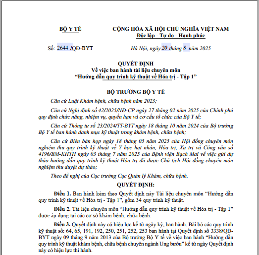 Quyết định số 2644/QĐ-BYT ngày 20/8/2025 của BYT về việc ban hành tài liệu chuyên môn "Hướng dẫn quy trình kỹ thuật về Hoá trị - Tập 1"
