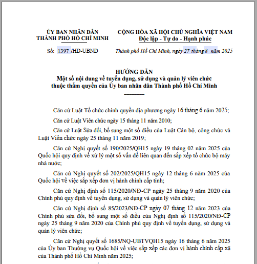 Hướng dẫn 1397/HD-UBND ngày 27/8/2025 của UBND TPHCM về một số nội dung về tuyển dụng, sử dụng và quản lý viên chức thuộc thẩm quyền của Uỷ ban nhân dân Thành phố Hồ Chí Minh
