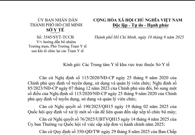 Công văn số 3545/SYT-TCCB ngày 10/9/2025 của Sở Y tế về việc hướng dẫn bổ nhiệm Trưởng trạm, Phó Trưởng Trạm Y tế sau khi tổ chức lại các Trạm Y tế