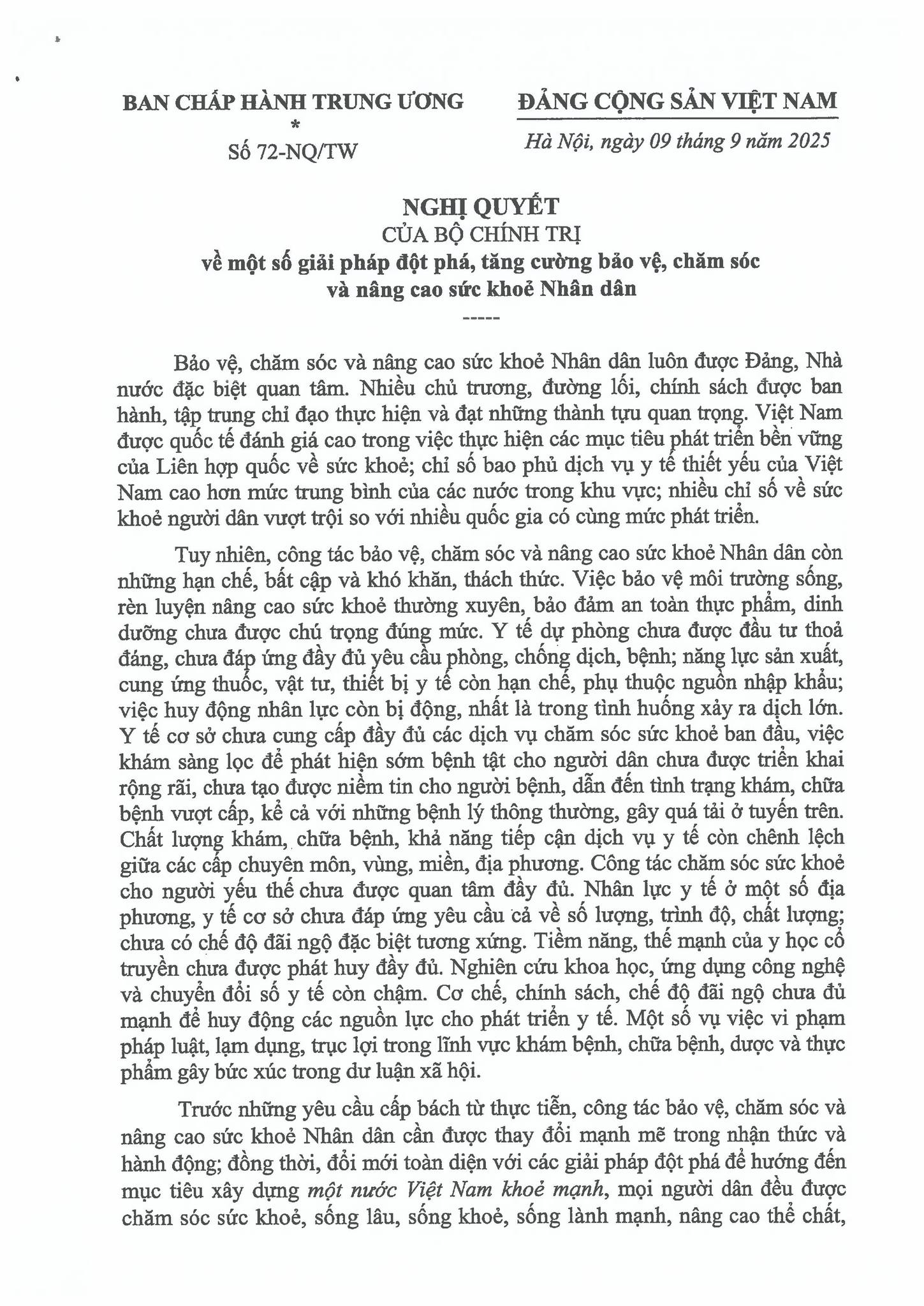 Nghị quyết số 72-NQ/TW về một số giải pháp đột phá, tăng cường bảo vệ, chăm sóc và nâng cao sức khỏe Nhân dân
