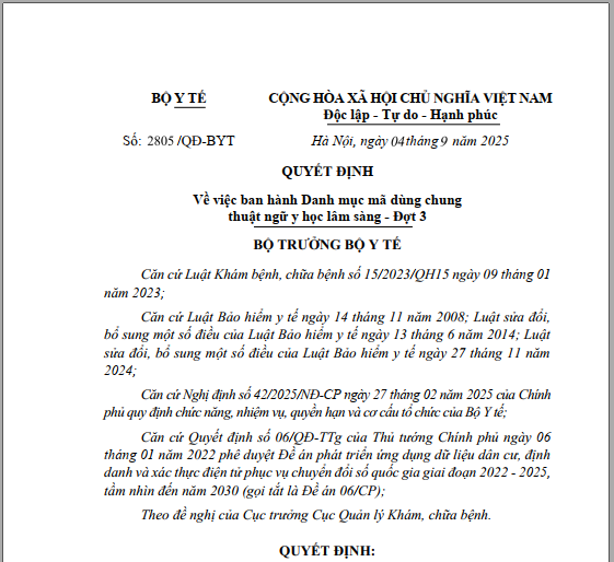 Quyết định số 2805/QĐ-BYT ngày 04/9/2025 của Bộ Y tế về việc ban hành Danh mục mã dùng chung thuật ngữ y học lâm sàng - Đợt 3