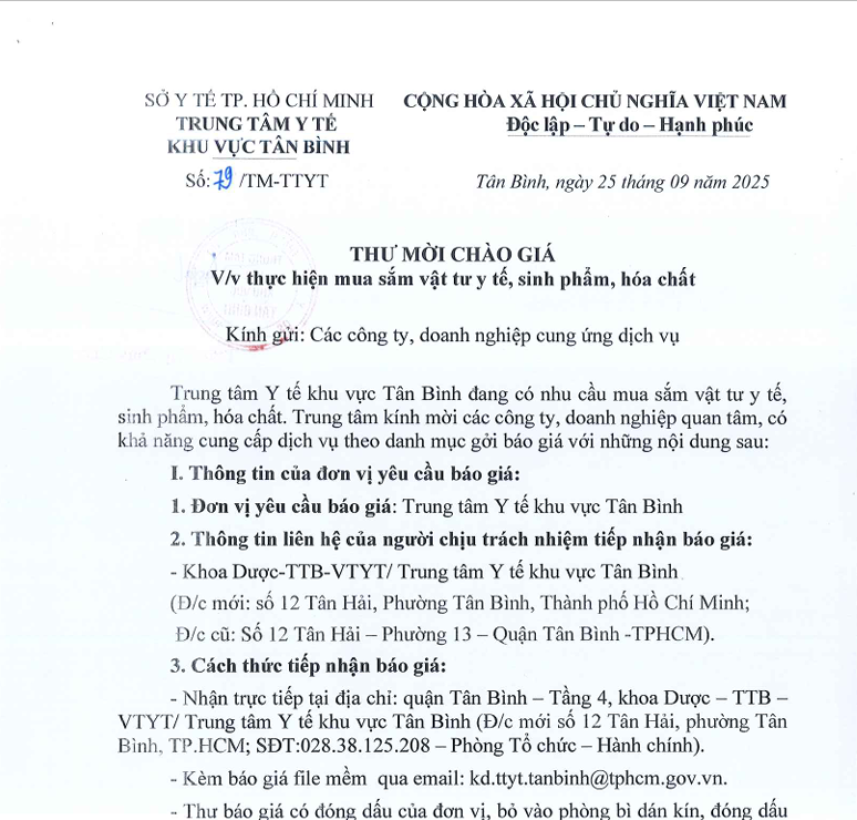 Thư mời chào giá số 79/TM-TTYT ngày 25/9/2025 về việc thực hiện mua sắm vật tư y tế, sinh phẩm, hóa chất