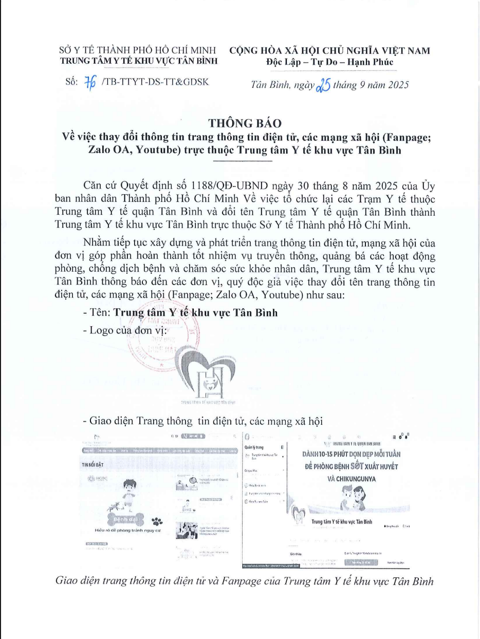 Thông báo  thay đổi thông tin trang thông tin điện tử,  các mạng xã hội (Fanpage; Zalo OA, Youtube) trực thuộc Trung tâm Y tế khu vực Tân Bình