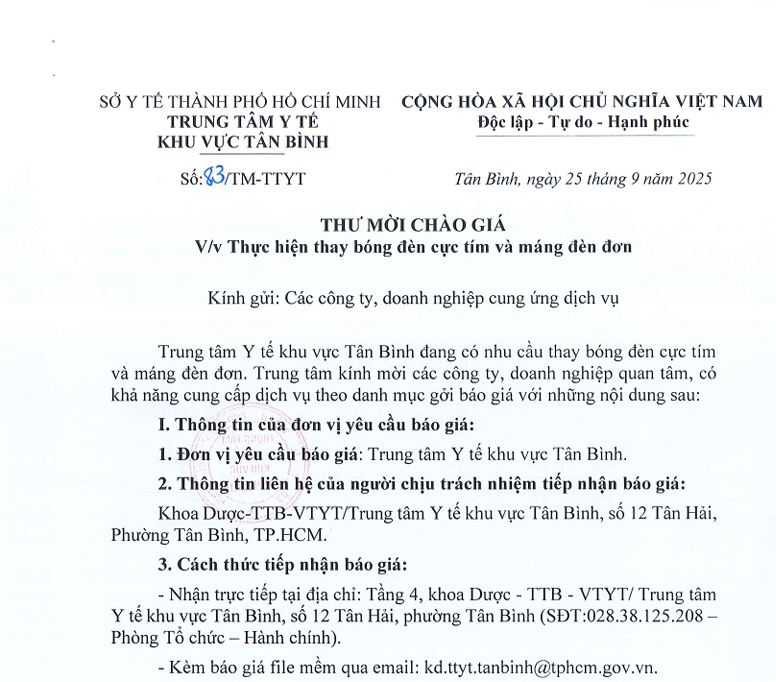 Số 83/TM-TTYT ngày 25/9/2025 Thư mời chào giá về việc thực hiện thay bóng đèn cực tím và máng đèn đơn