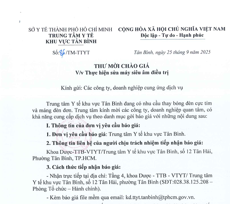Số 86/TM-TTYT ngày 25/9/2025 Thư mời chào giá về việc thực hiện sửa máy siêu âm điều trị