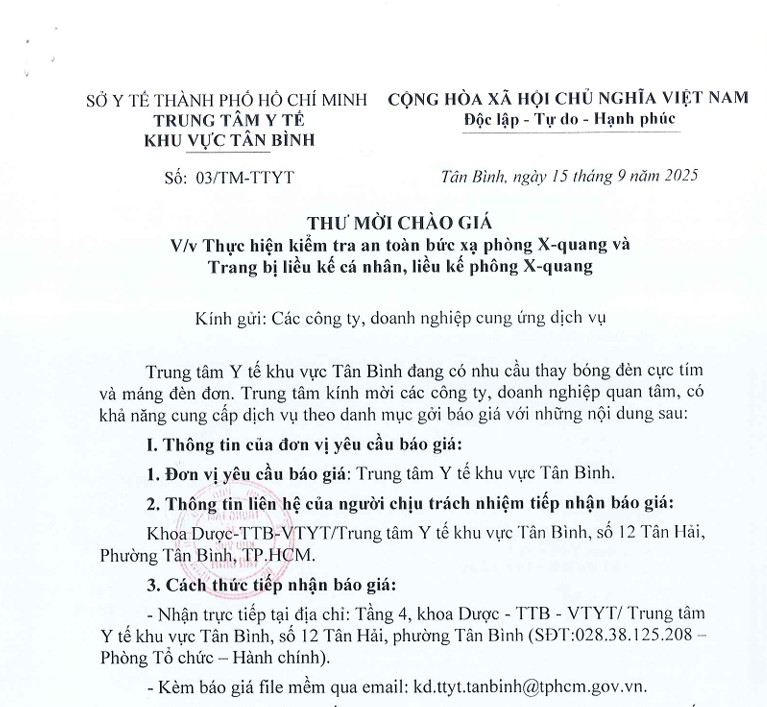 Số 03/TM-TTYT ngày 15/9/2025 Thư mời chào giá về việc thực hiện kiểm tra an toàn bức xạ phòng X-quang và trang bị liều cá nhân, liều kế phông X-quang