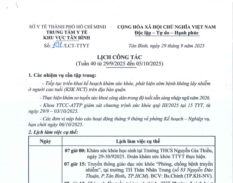 Lịch công tác tuần 40 (từ 29/9/2025 đến 05/10/2025)