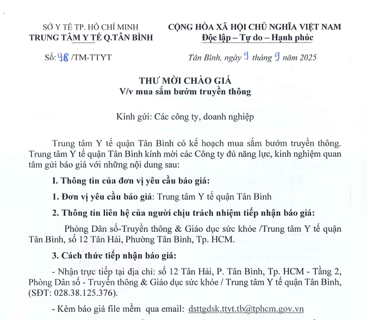 Số 98/TM-TTYT ngày 09/9/2025 Thư mời chào giá về việc mua sắm bướm truyền thông