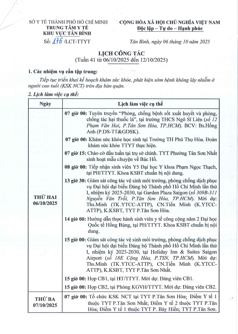 LỊCH CÔNG TÁC TUẦN 41 (06/10 - 12/10/2025)