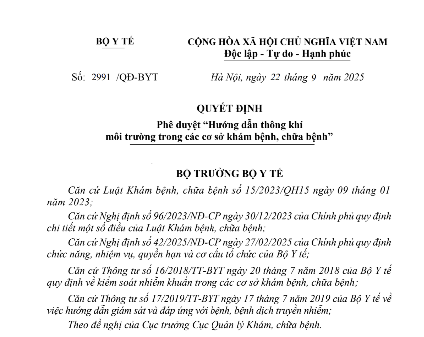 Quyết định số 2991/QĐ-BYT ngày 22/9/2025 của Bộ Y tế phê duyệt "Hướng dẫn thông khí môi trường trong các cơ sở khám bệnh, chữa bệnh"