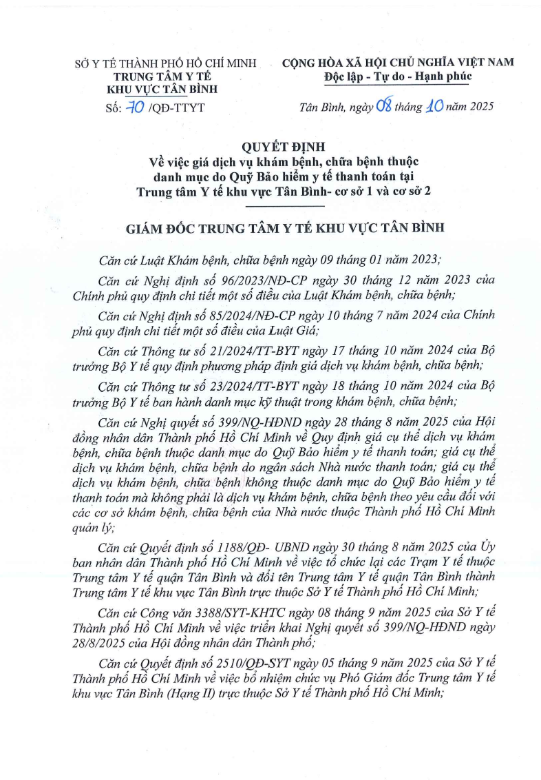QĐ số 70/QĐ-TTYT về việc phê duyệt giá dịch vụ khám bệnh, chữa bệnh thuộc danh mục do Quỹ Bảo hiểm y tế thanh toán tại Cơ sở 1 và Cơ sở 2 của Trung tâm.