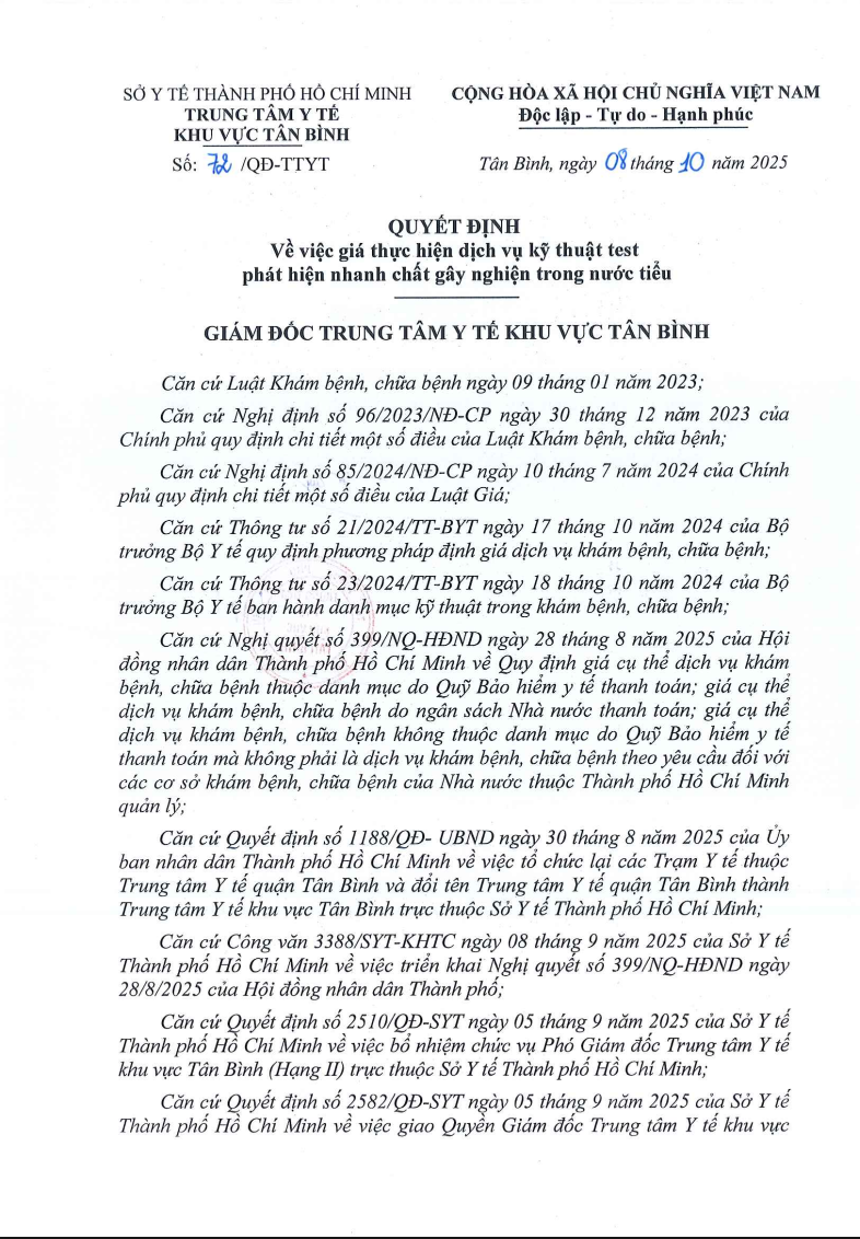 Quyết định số 72/QĐ-TTYT về việc phê duyệt giá thực hiện dịch vụ kỹ thuật test phát hiện nhanh chất gây nghiện trong nước tiểu