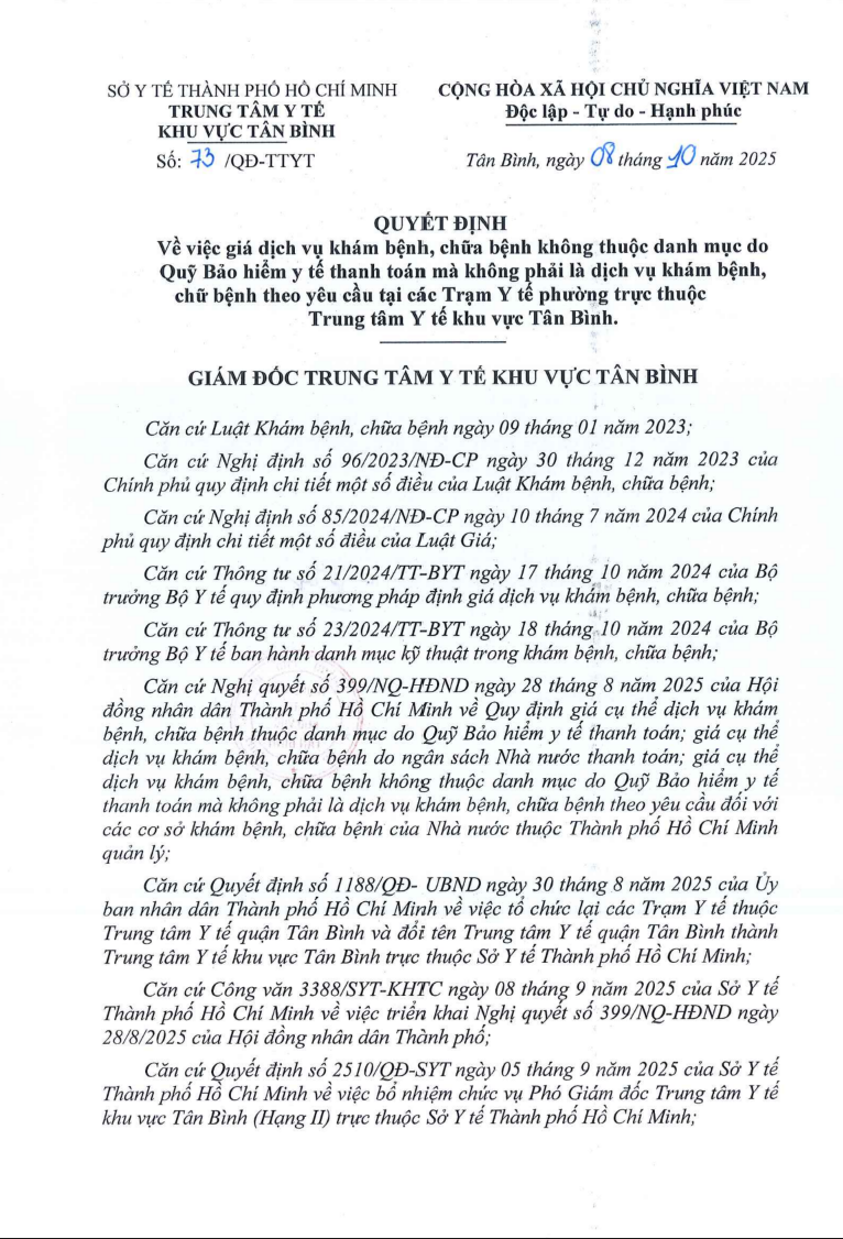 Quyết định số 73/QĐ-TTYT về việc phê duyệt giá dịch vụ khám bệnh, chữa bệnh không thuộc danh mục do Quỹ Bảo hiểm y tế thanh toán mà không phải là dịch vụ khám bệnh, chữa bệnh theo yêu cầu tại các Trạm Y tế phường trực thuộc.