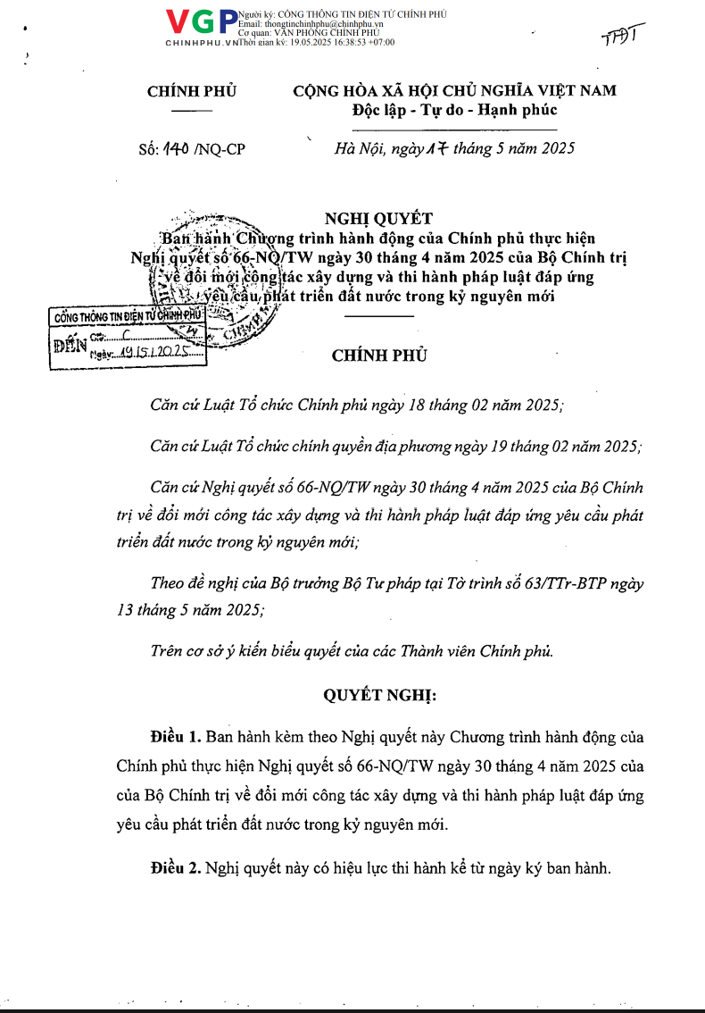 Nghị quyết số 140/NQ-CP ngày 17 tháng 5 năm 2025 của Chính  phủ về Chương trình hành động của Chính phủ thực hiện Nghị quyết số 66- NQ/TW ngày 30 tháng 4 năm 2025 của Bộ Chính trị
