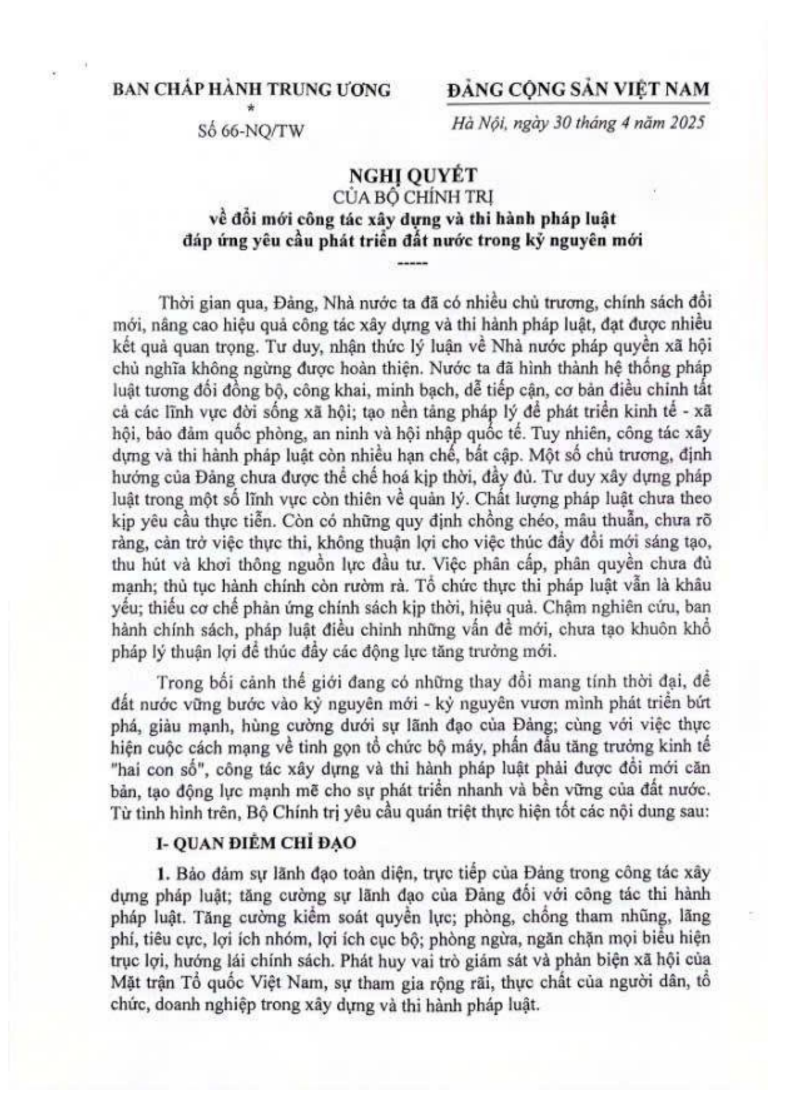 Nghị quyết số 66-NQ/TW của Bộ Chính trị về đổi mới công tác xây dựng và thi hành pháp luật nhằm đáp ứng yêu cầu phát triển đất nước trong kỷ nguyên mới