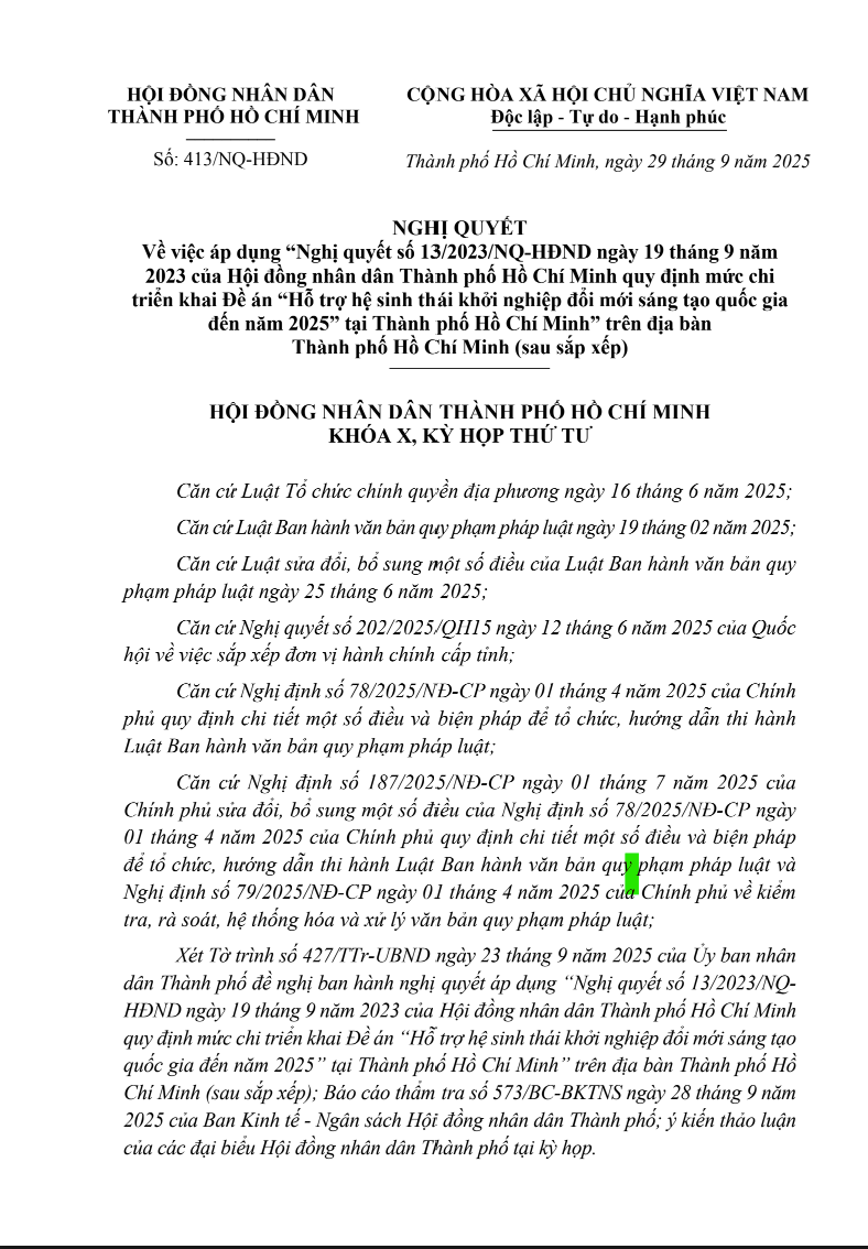 Nghị quyết 413/NQ-HĐND Về việc áp dụng “Nghị quyết số 13/2023/NQ-HĐND ngày 19 tháng 9 năm 2023 của Hội đồng nhân dân Thành phố Hồ Chí Minh