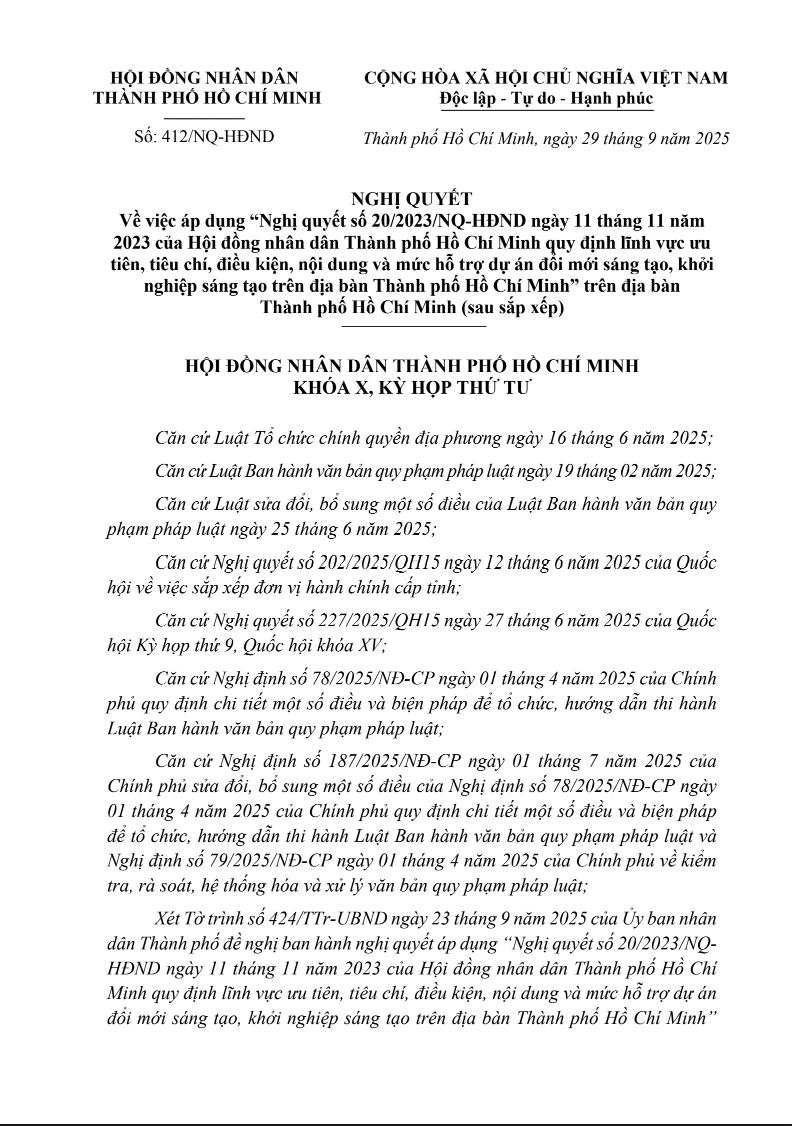 Nghị quyết số 412/NQ-HĐND của Hội đồng nhân dân Thành phố Hồ Chí Minh, ban hành ngày 29 tháng 9 năm 2025
