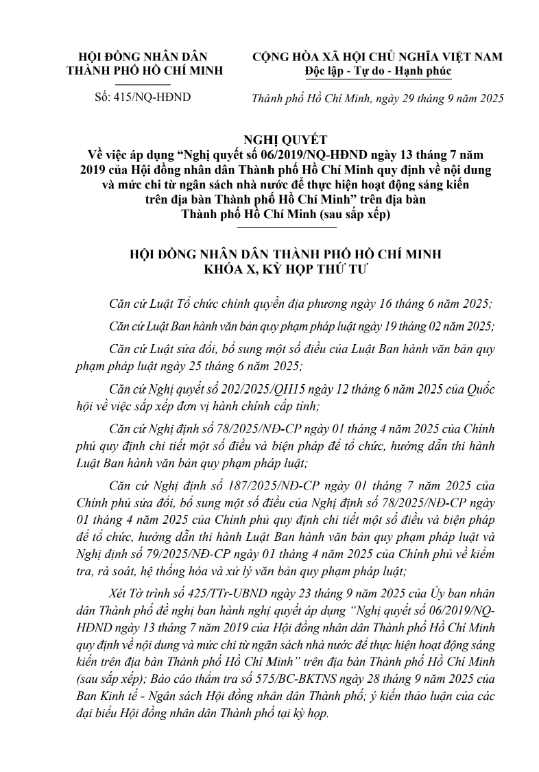 Nghị quyết 415/NQ-HĐND của Hội đồng nhân dân Thành phố Hồ Chí Minh