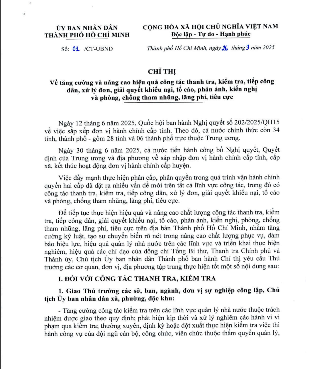 Chỉ thị số 01/CT-UBND của Ủy ban nhân dân Thành phố Hồ Chí Minh, ban hành ngày 26 tháng 9 năm 2025
