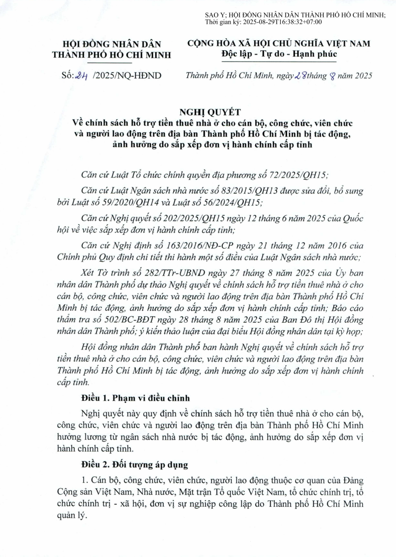Nghị quyết số 24/2025/NQ-HĐND của Hội đồng Nhân dân Thành phố Hồ Chí Minh, ban hành ngày 28 tháng 8 năm 2025