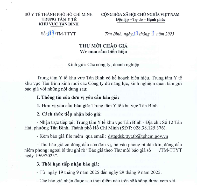 Số 114/TM-TTYT ngày 19/9/2025 Thư mời chào giá về việc mua sắm biển hiệu