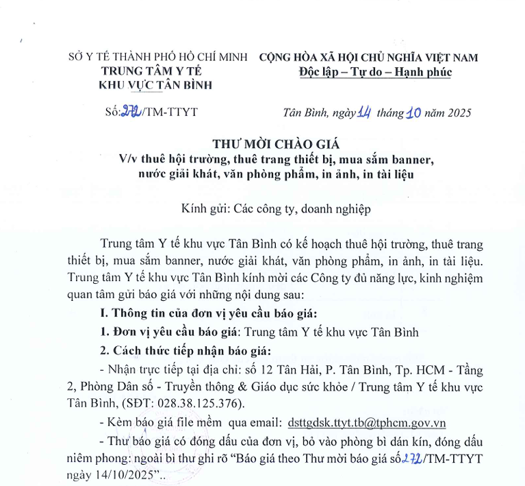 Số 272/TM-TTYT ngày 14/10/2025 Thư mời chào giá về việc thuê hội trường, thuê trang thiết bị, mua sắm banner, nước giải khát, văn phòng phẩm, in ảnh, in tài liệu