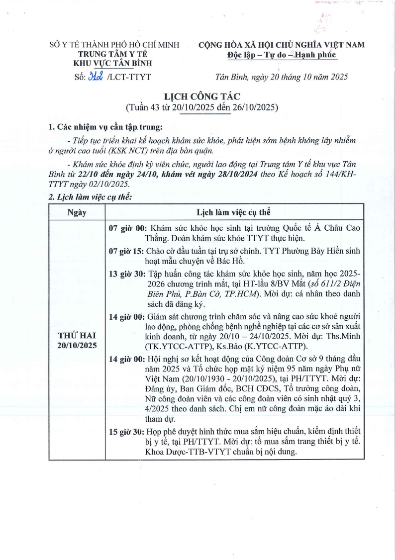 LỊCH CÔNG TÁC TUẦN 43 (Tư 20/10/2025 - 26/10/2025)