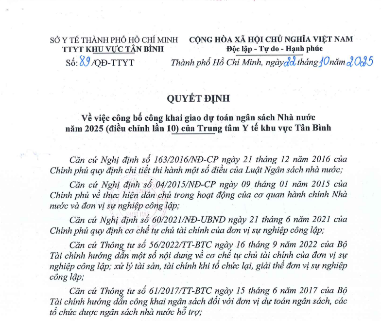 Số 89/QĐ-TTYT ngày 22/10/2025 Quyết định về việc công bố công khai giao dự toán ngân sách Nhà nước năm 2025 (điều chỉnh lần 10) của Trung tâm Y tế khu vực Tân Bình