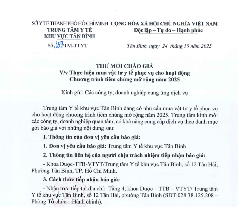 Số 359/TM-TTYT ngày 24/10/2025 Thư mời chào giá về việc thực hiện mua vật tư y tế phục vụ cho hoạt động Chương trình tiêm chủng mở rộng năm 2025