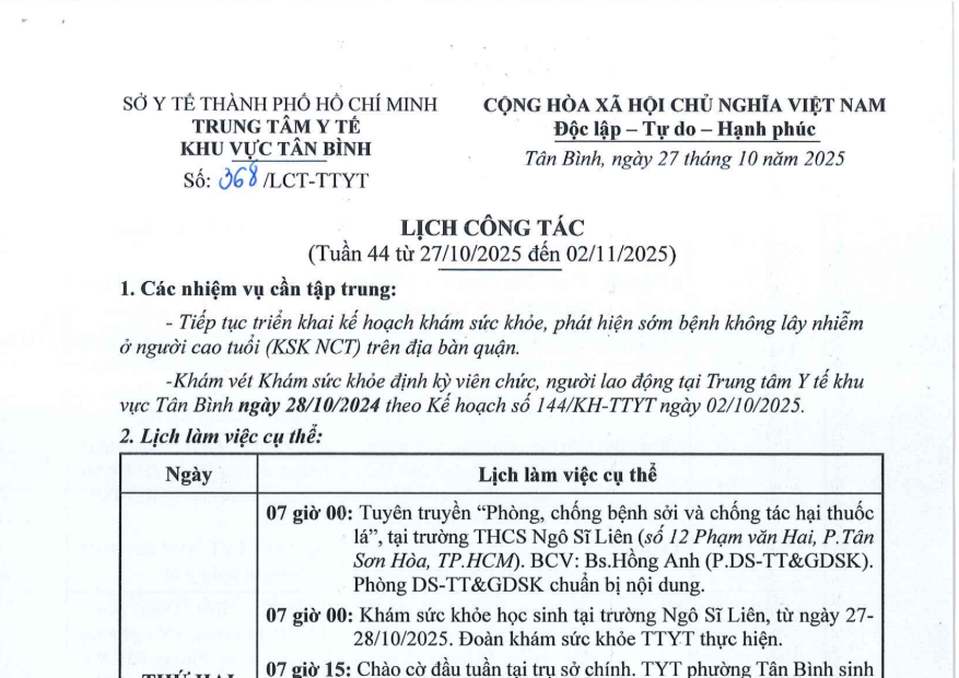 Lịch công tác tuần 44 (từ 27/10/2025 đến 02/11/2025)