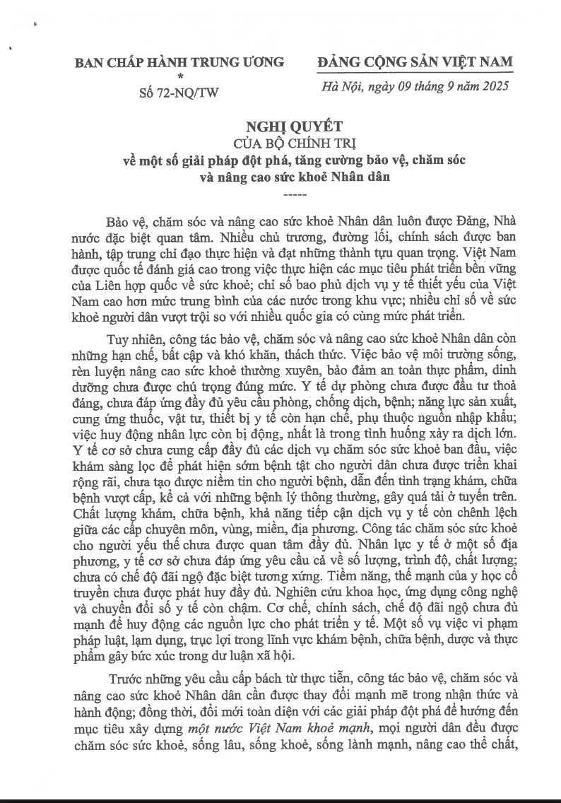 Nghị quyết số 72-NQ/TW  của Bộ Chính trị về một số giải pháp đột phá, tăng cường bảo vệ, chăm sóc và nâng cao sức khỏe Nhân dân