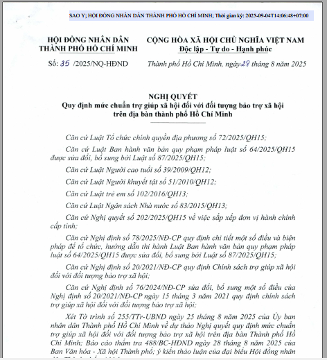 Nghị quyết 35/2025/NQ-HĐND ngày 28 tháng 8 năm 2025 của Hội đồng nhân dân Tp.HCM  quy định mức chuẩn trợ giúp xã hội đối với đối tượng bảo trợ xã hội trên địa bàn Tp.Hồ Chí Minh.