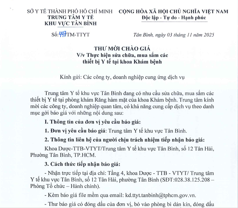 Số 447/TM-TTYT ngày 03/11/2025 Thư mời chào giá về việc thực hiện sửa chữa, mua sắm các thiết bị Y tế tại khoa Khám bệnh