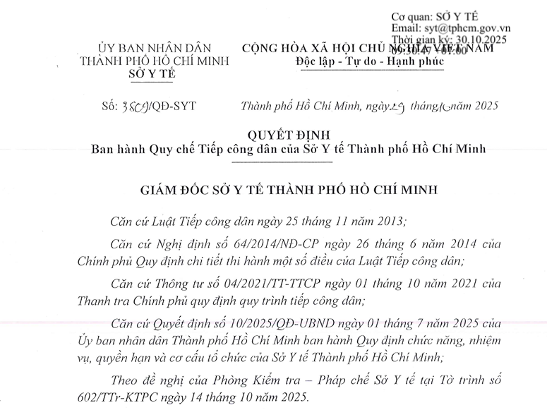 Quyết định số 3809/QĐ-SYT ngày 29/10/2025 ban hành Quy chế Tiếp công dân của Sở Y tế Thành phố Hồ Chí Minh